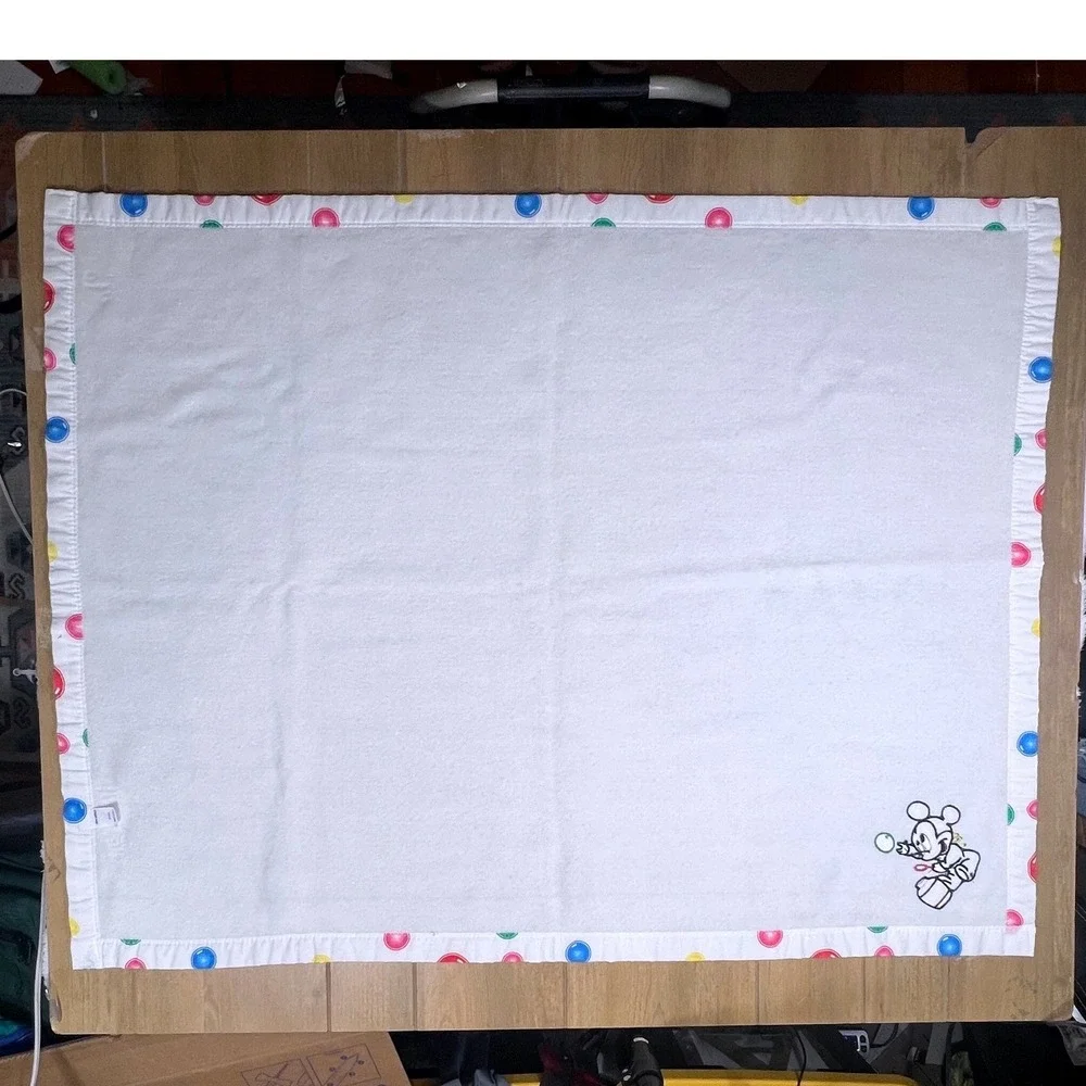 Vintage Disney Mickey Mouse Bubbles Baby Blanket Polka Dot Trim White USA Made